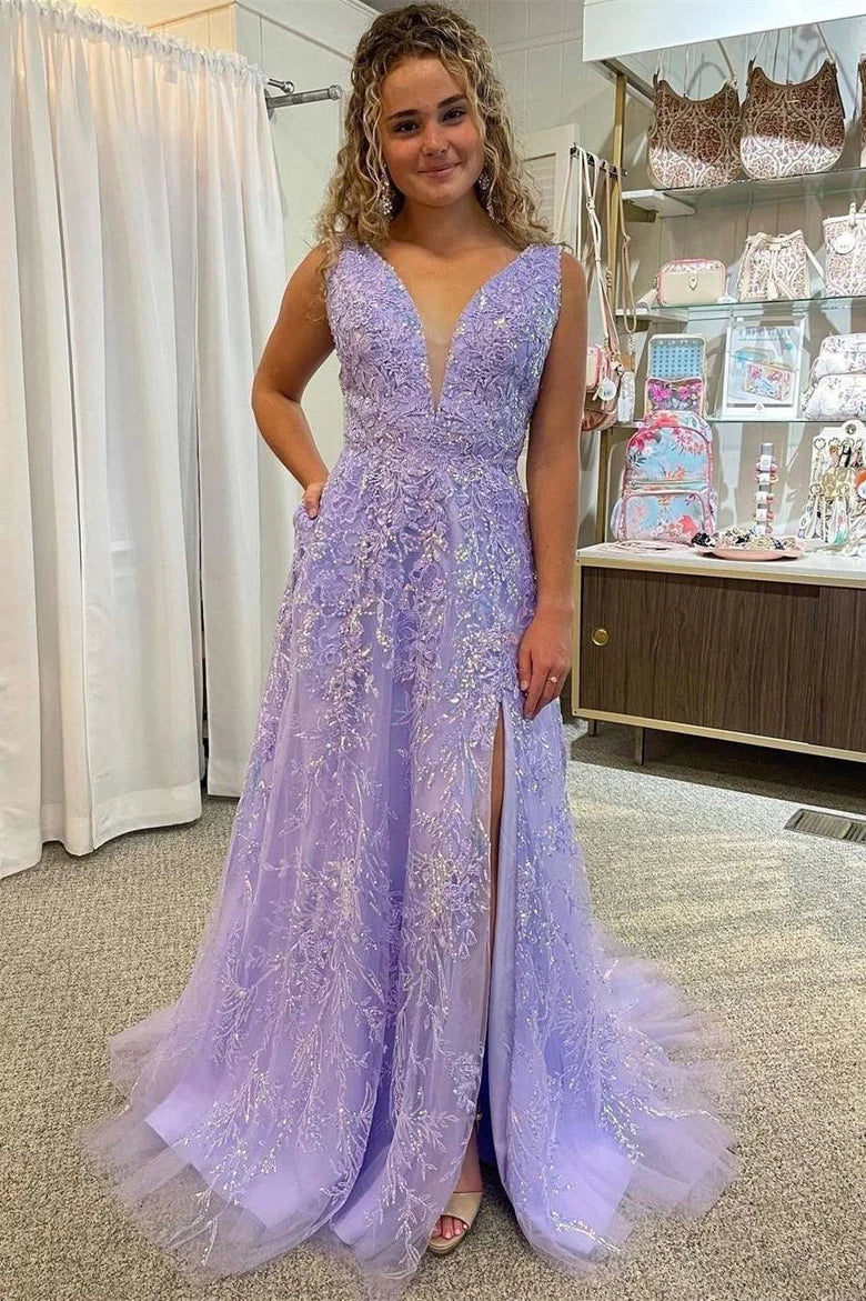 Vestido de fiesta con escote en V profundo, encaje floral y corte A